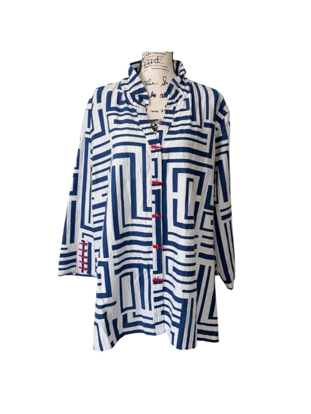 Multiples Womens 3X Blue White Geometric Print Tunic Top With Red Button Accent